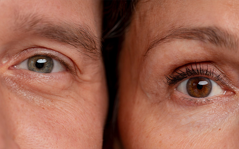 Close-up comparison of youthful smooth skin and mature skin showing fine eye lines.
