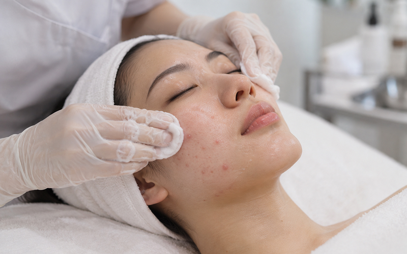 Woman-undergoing-professional-facial-cleansing-treatment-for-active-acne