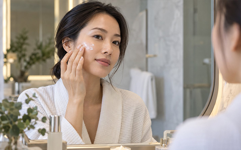 woman-applying-topical-skincare-cream-while-looking-in-bathroom-mirror