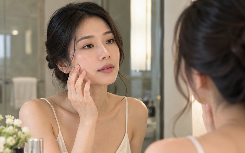 woman-applying-topical-skincare-cream-while-evaluating-skin-turnover-cycle